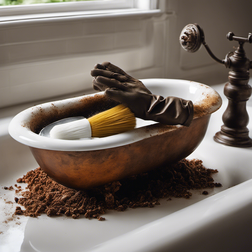 An image showcasing a pair of gloved hands delicately scrubbing a heavily rusted bathtub with a wire brush, revealing gleaming white enamel underneath