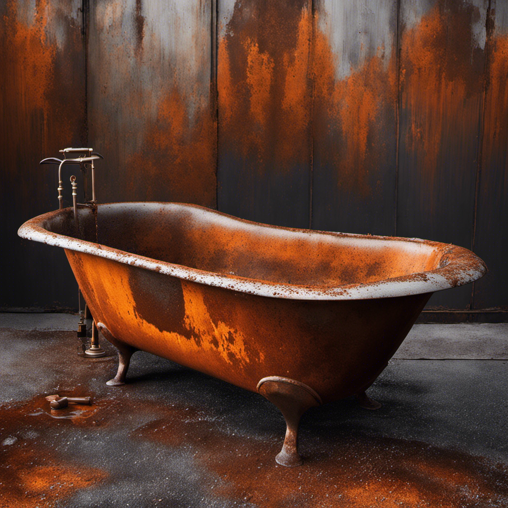 An image that showcases a close-up view of a rusty bathtub surface, with visible patches of orange, brown, and reddish corrosion