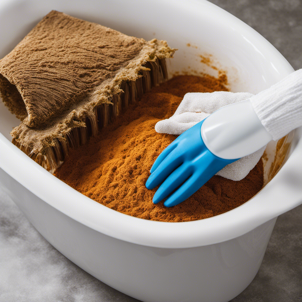 An image showcasing the essential materials and tools needed for removing rust from a bathtub: a scrub brush, white vinegar, baking soda, lemon, gloves, and a bucket of water