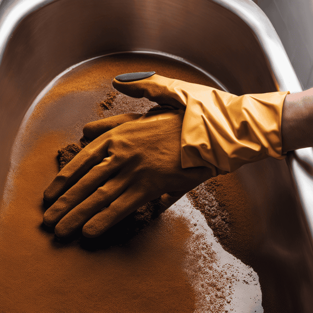 An image showcasing a pair of gloved hands gently applying a specialized rust removal solution onto the rusted areas of a bathtub, demonstrating the step-by-step process of effectively removing rust
