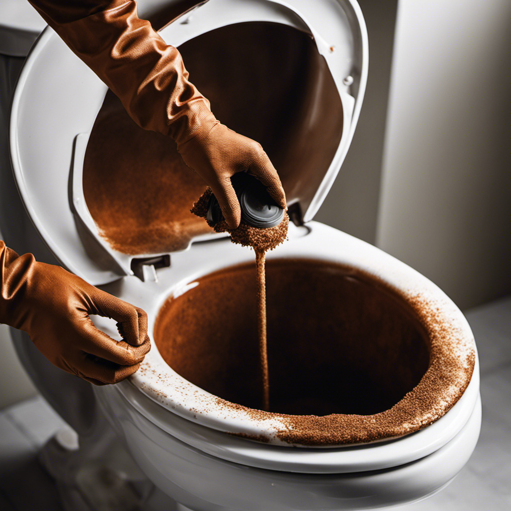 An image showcasing a pair of gloved hands gently scrubbing a heavily rusted toilet bowl with a specialized rust remover, revealing a sparkling clean surface underneath