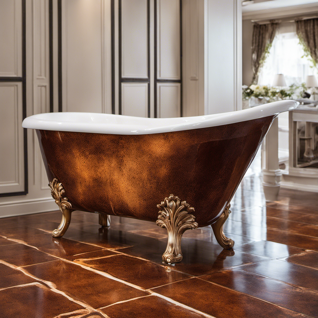 An image capturing a porcelain bathtub with a rust stain