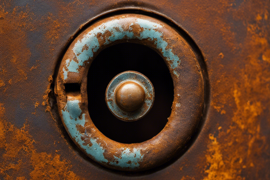 An image showcasing a close-up of a corroded toilet seat bolt, surrounded by rusty residue