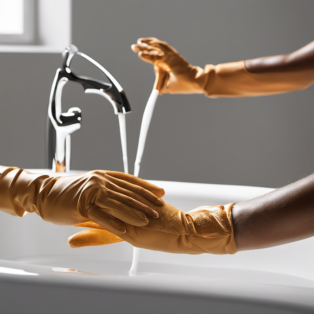 An image that showcases a pair of gloved hands delicately buffing away surface scratches from a gleaming white bathtub, revealing a flawless, reflective surface underneath