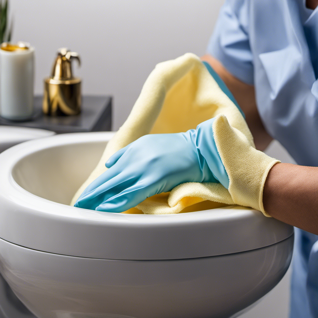 An image depicting a close-up view of a gloved hand gently polishing a toilet bowl with a microfiber cloth, removing scratches and revealing a shiny, pristine surface