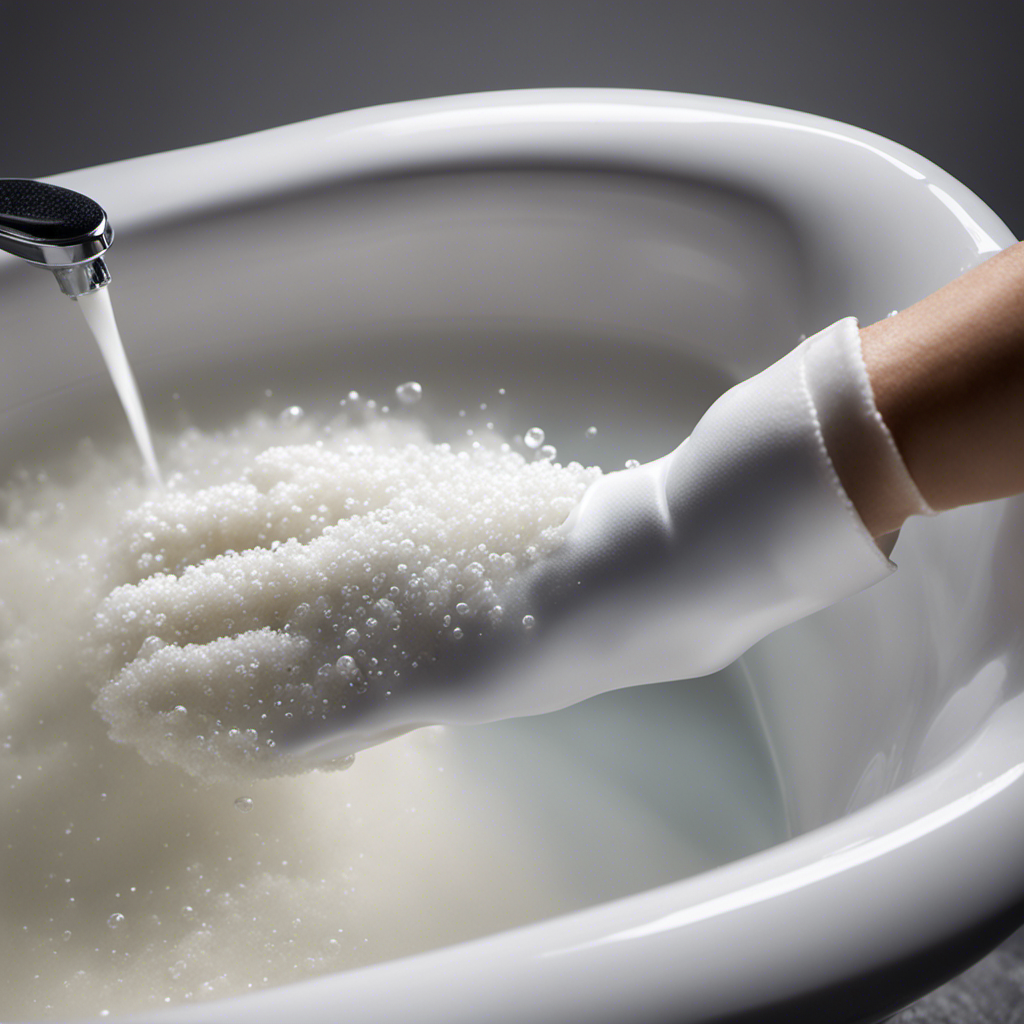 An image showcasing a sparkling white bathtub, with a close-up of a gloved hand using a scrub brush to vigorously scrub away grimy scum