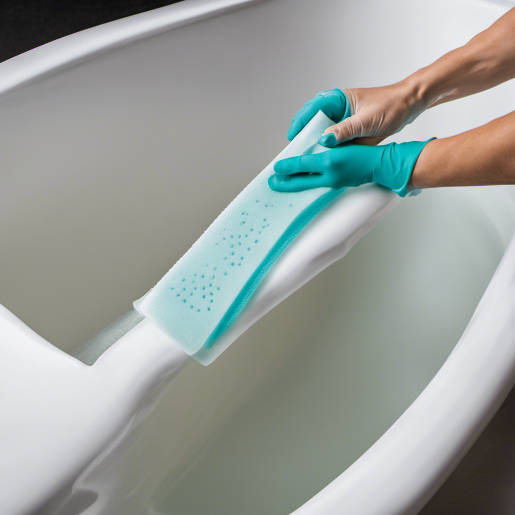 An image showcasing a gloved hand holding a razor scraper, delicately peeling off a stubborn layer of translucent silicone caulk from a bathtub edge, revealing a smooth, pristine surface underneath