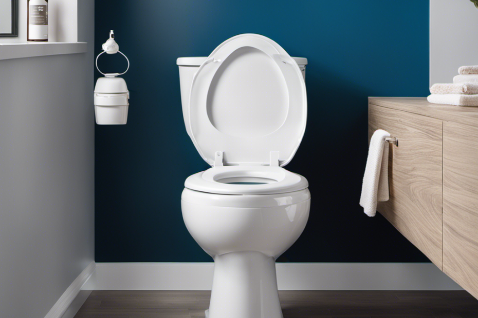 An image showcasing a pristine white toilet seat with a vibrant blue cleaning solution being applied to a stubborn stain