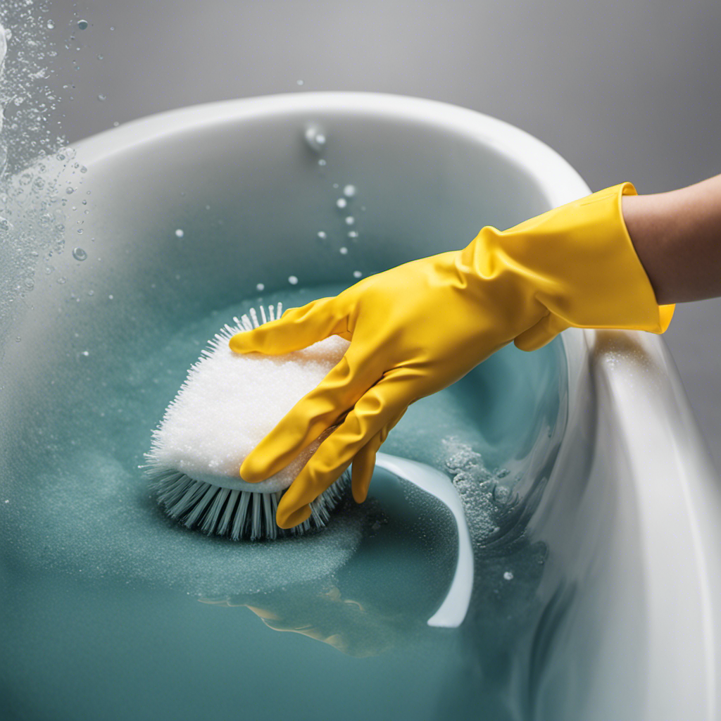 An image showcasing a hand wearing a rubber glove, holding a scrub brush covered in foam