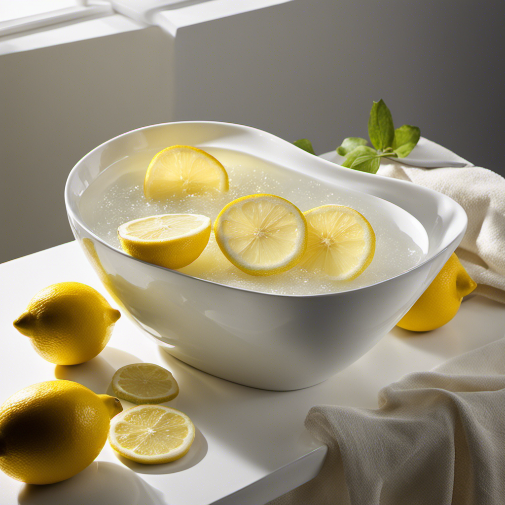 An image showcasing a sparkling white bathtub with stains magically fading away, as vibrant lemon slices float in a bowl of vinegar nearby