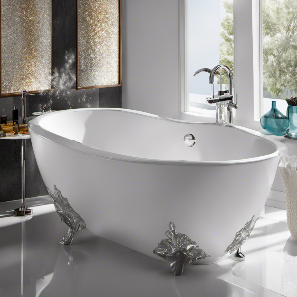 An image showcasing a sparkling white bathtub, free from any stains, with a pair of gloved hands holding a sponge and gently scrubbing away a stubborn mark
