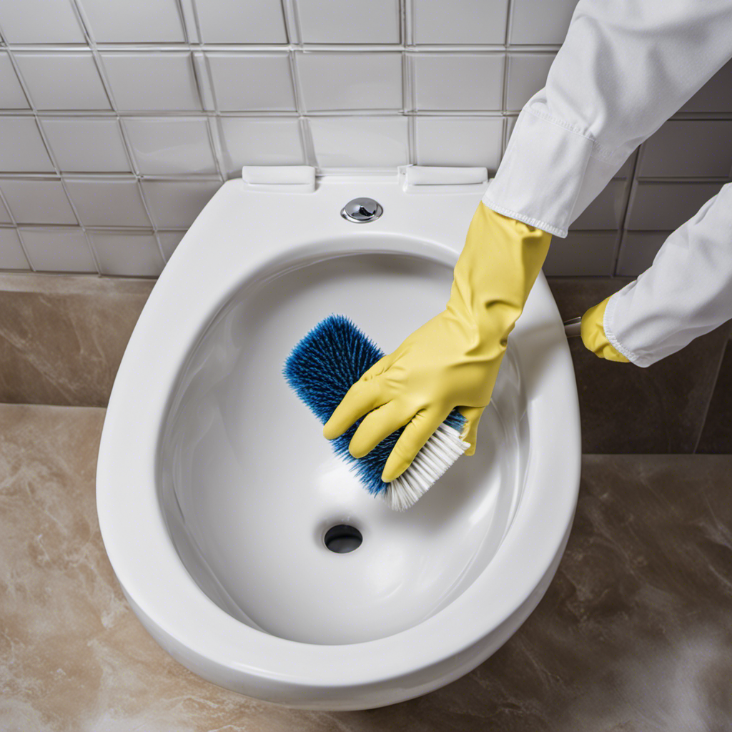 An image showing a pair of gloved hands holding a scrub brush, vigorously scrubbing a sparkling white toilet bowl