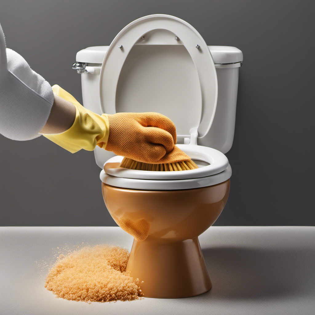An image showcasing a gloved hand gripping a scrub brush, vigorously scrubbing a toilet bowl stained with hard water deposits and rust, while tiny particles of cleaner foam up, leaving the bowl sparkling clean