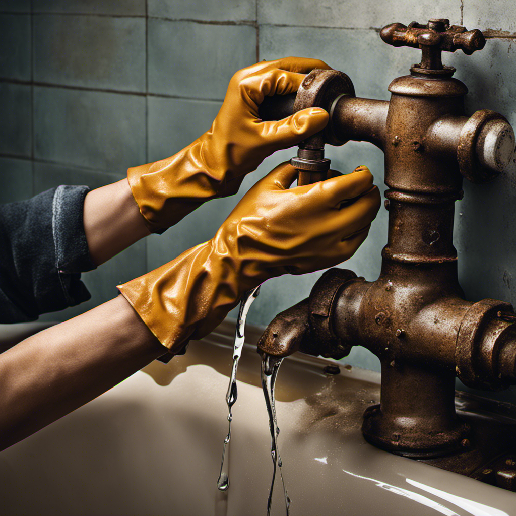 An image showcasing a pair of gloved hands gripping a sturdy wrench tightly around the corroded bathtub drain
