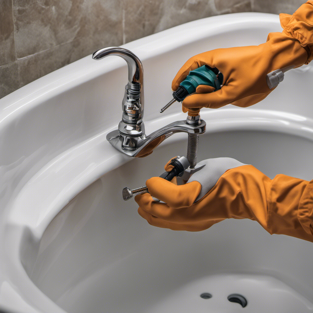 An image showcasing a close-up of a pair of gloved hands using a screwdriver to detach the bathtub drain