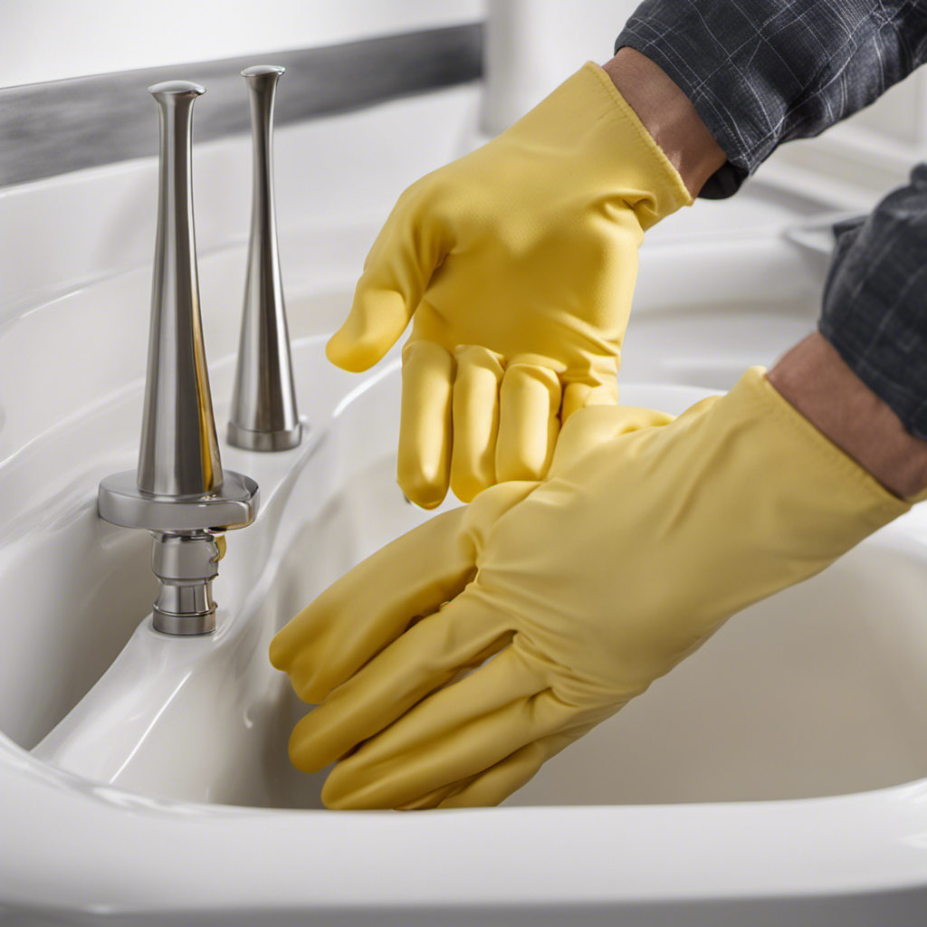 An image showcasing hands wearing rubber gloves, gripping a bathtub stopper firmly