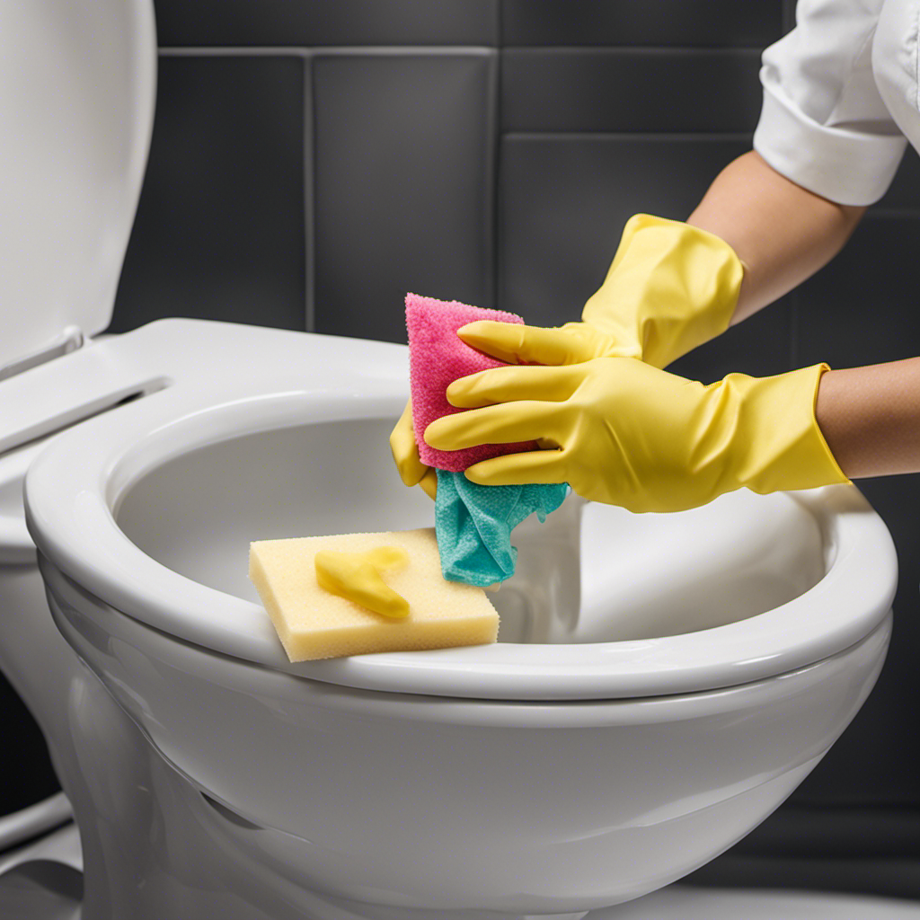 An image showcasing hands wearing rubber gloves, holding a sponge soaked in cleaning solution, gently scrubbing a toilet bowl