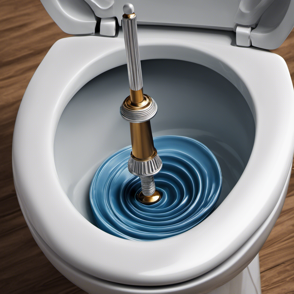 An image showing a close-up view of a plunger inserted into a toilet bowl, with water ripples suggesting forceful plunging