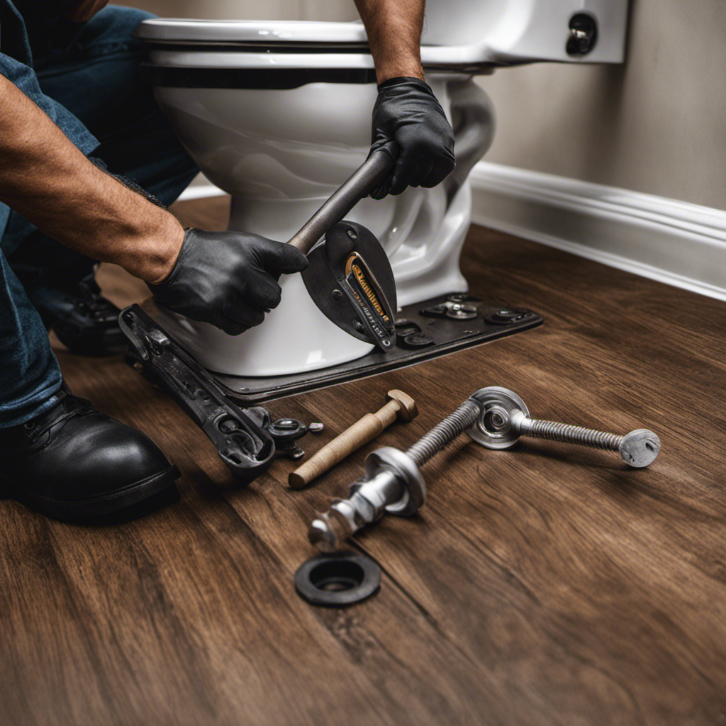 An image of a person wearing gloves, holding a wrench, and carefully detaching a toilet flange from the floor