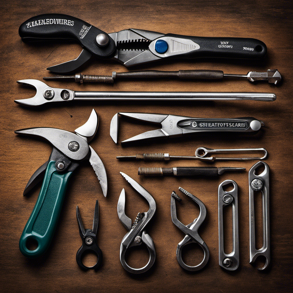An image showcasing a pair of pliers, a flathead screwdriver, and an adjustable wrench neatly arranged on a workbench