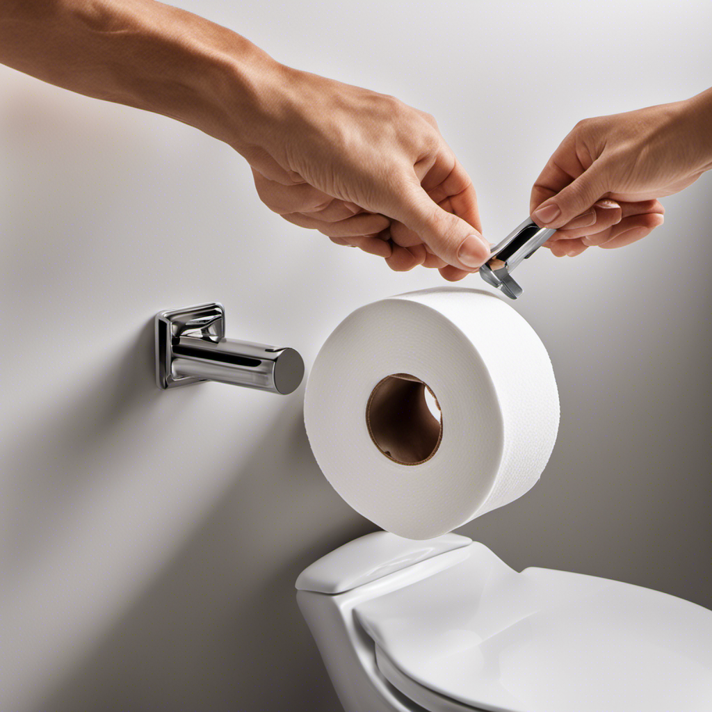 An image showing a person using a screwdriver to loosen the screws on a wall-mounted toilet paper holder