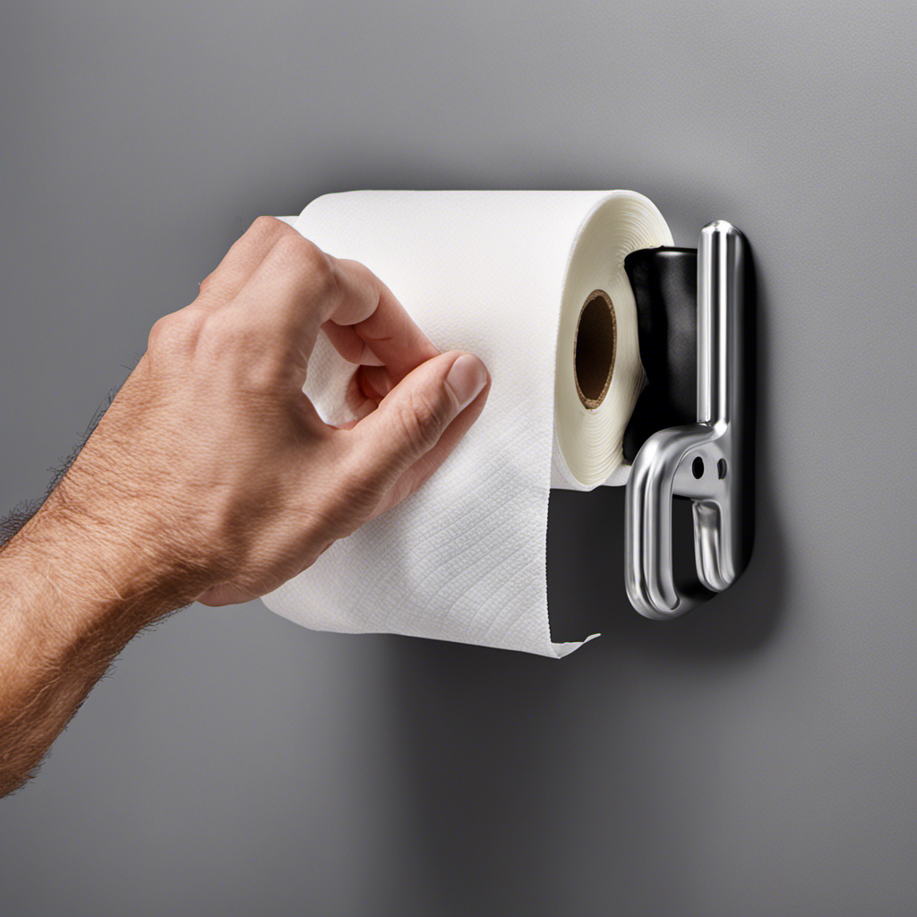 An image showcasing hands wearing protective gloves and using a screwdriver to carefully unscrew a recessed toilet paper holder from the wall