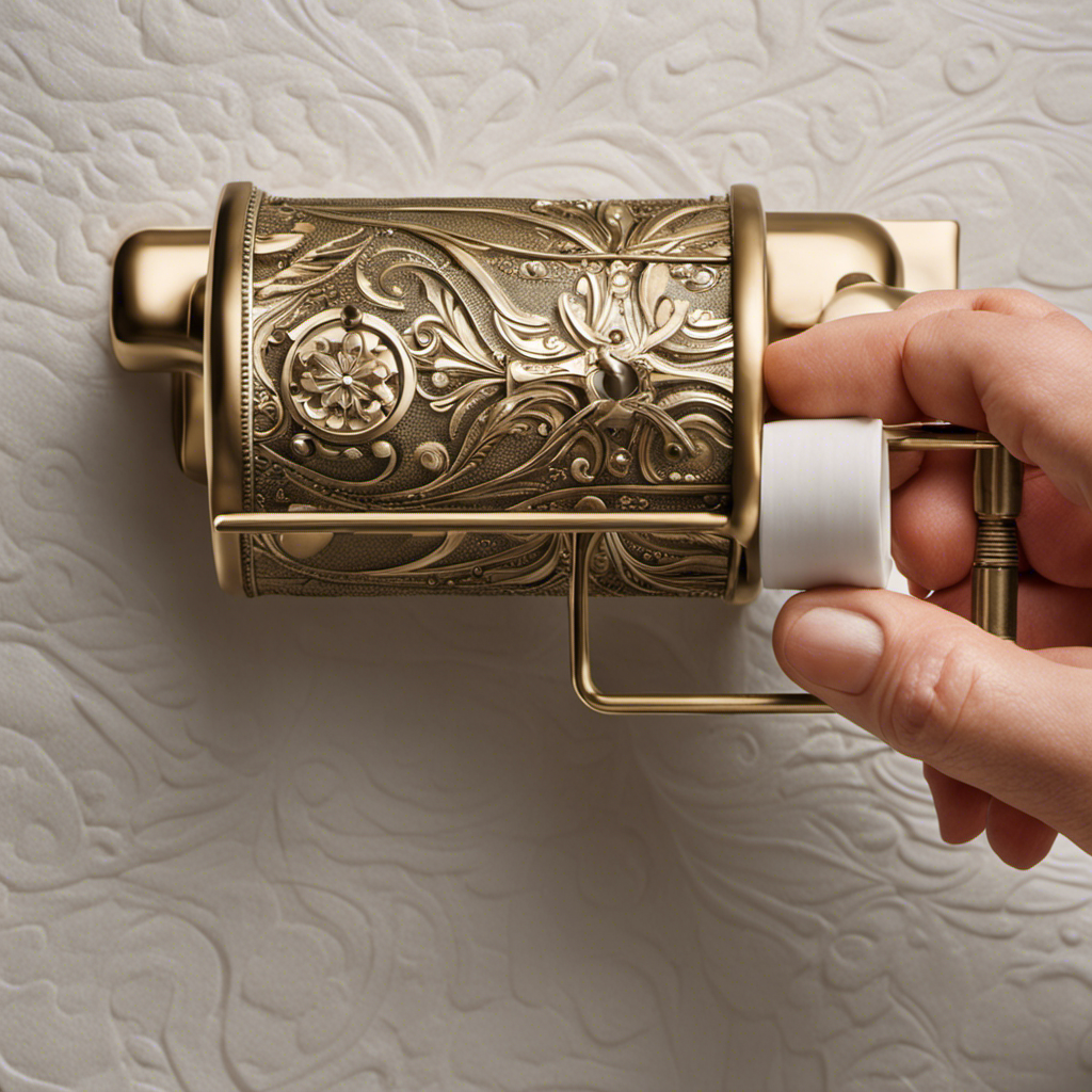 An image of a hand holding a screwdriver, delicately removing screws from a ceramic or tile-mounted toilet paper holder
