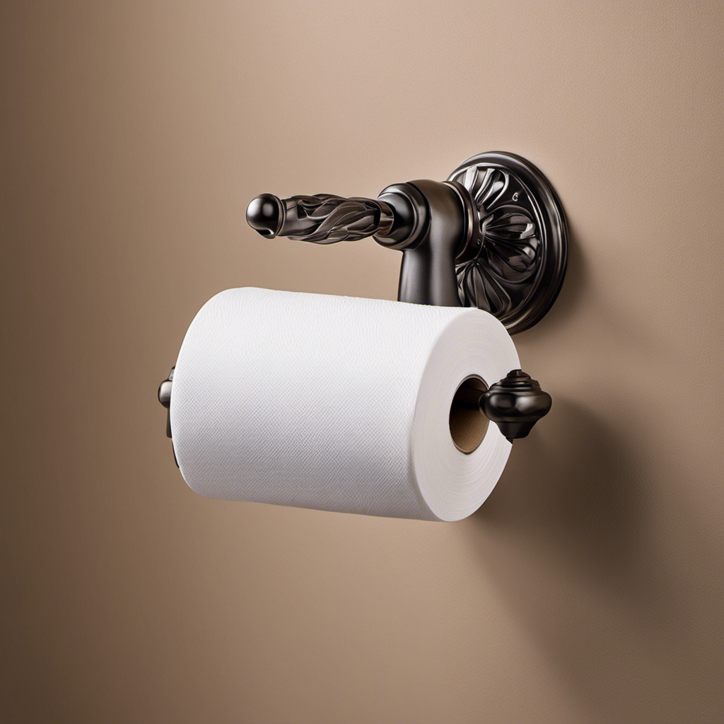 An image capturing a pair of gloved hands firmly gripping the base of a wall-mounted toilet paper holder