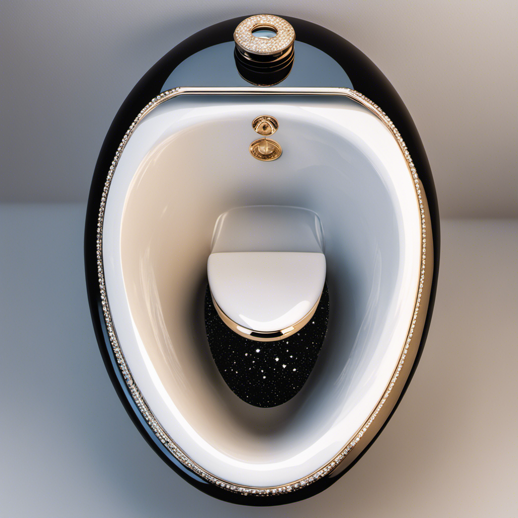 An image displaying a close-up view of a sparkling white toilet bowl with a stained ring