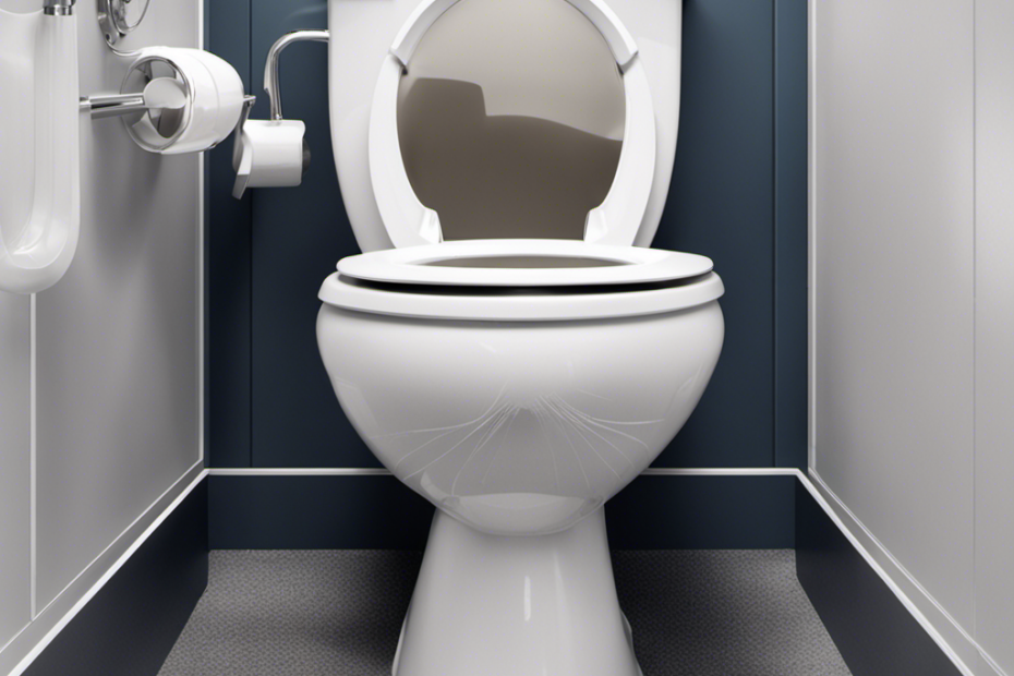 An image depicting a sparkling white toilet bowl, free from any stains, with a close-up view of a gloved hand gently scrubbing away a stubborn toilet ring stain using a toilet brush