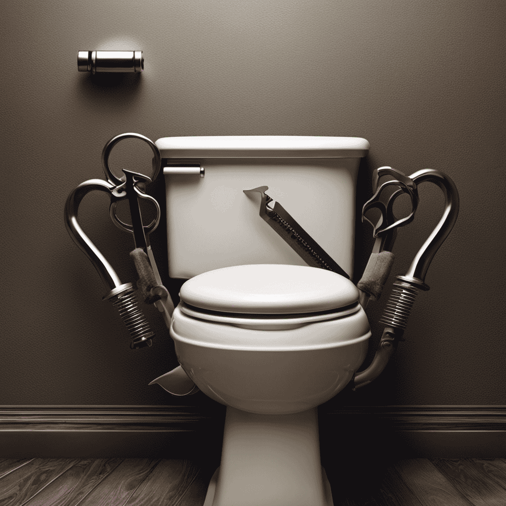 An image that showcases a pair of gloved hands equipped with a wrench, effortlessly loosening and removing the rusty, stubborn toilet seat bolts