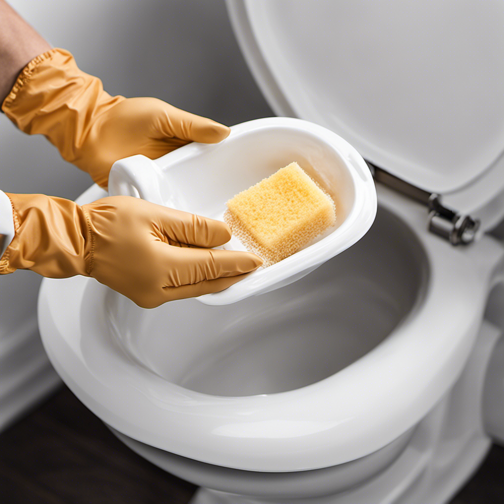 An image showcasing a gloved hand holding a sponge soaked in stain remover solution, gently scrubbing a porcelain toilet bowl stained with brown marks