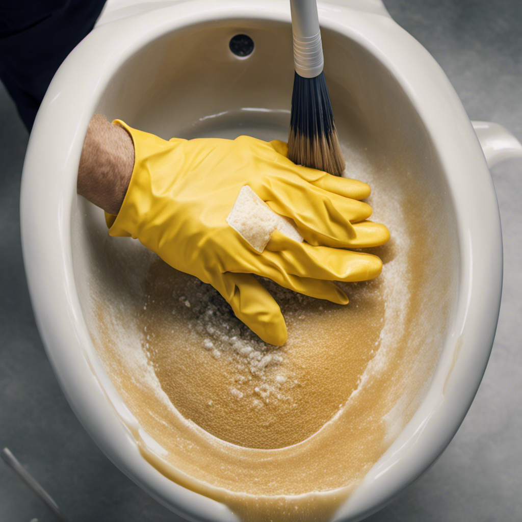 An image showcasing a close-up view of a hand wearing a rubber glove, vigorously scrubbing a toilet bowl with a scrub brush