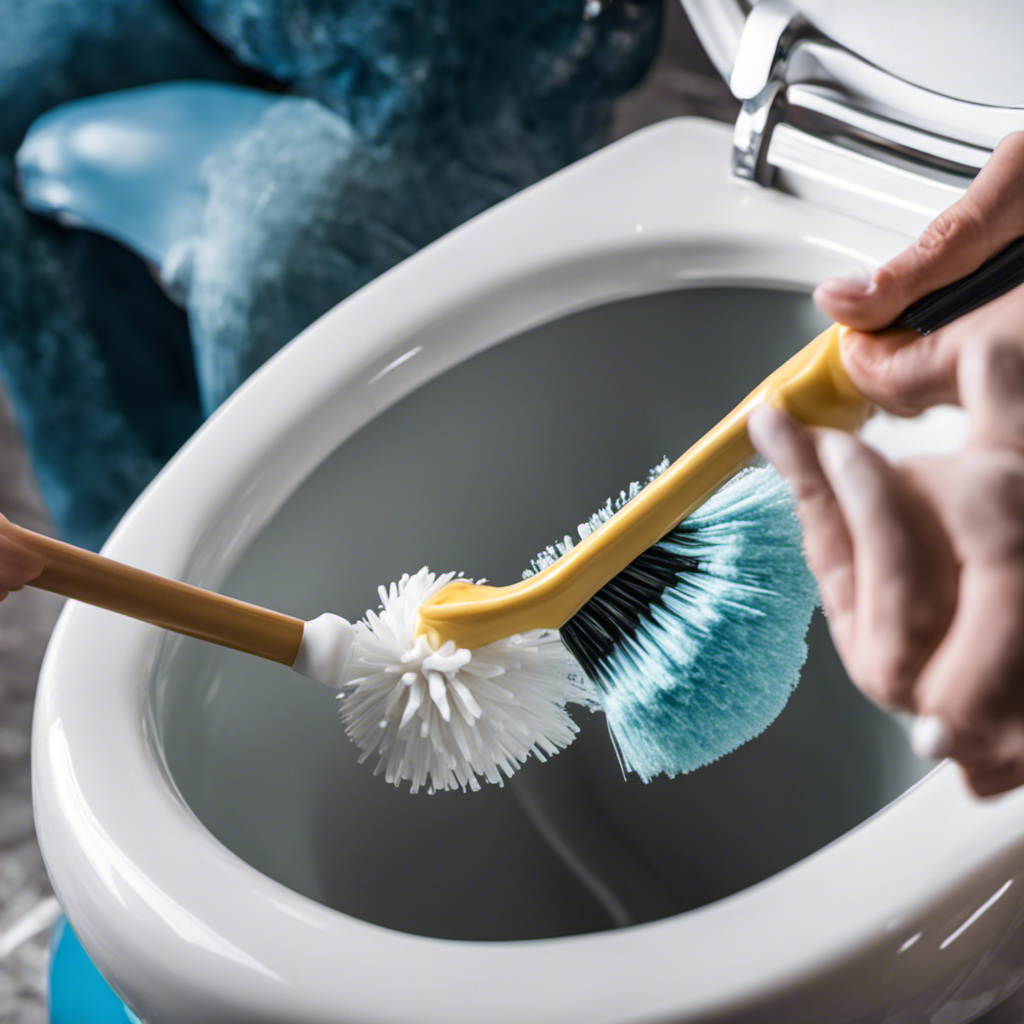 An image of a person wearing rubber gloves and using a toilet brush to scrub the inside of a sparkling clean toilet bowl