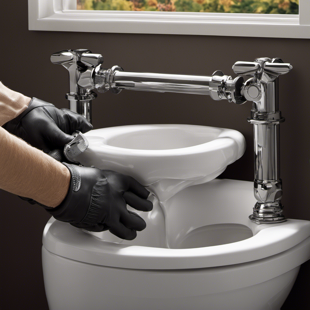 An image capturing hands wearing gloves, using a wrench to carefully detach the water supply line from the toilet tank, while another hand firmly holds the tank to prevent any damage