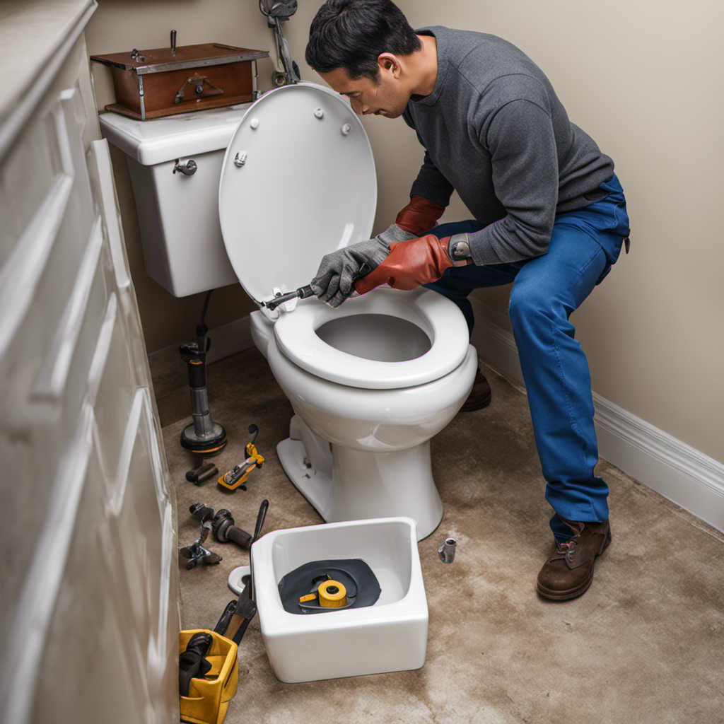 An image depicting step-by-step instructions on removing a toilet: a person wearing gloves, using a wrench to disconnect the water supply, unscrewing bolts at the base, and finally lifting the toilet off the floor