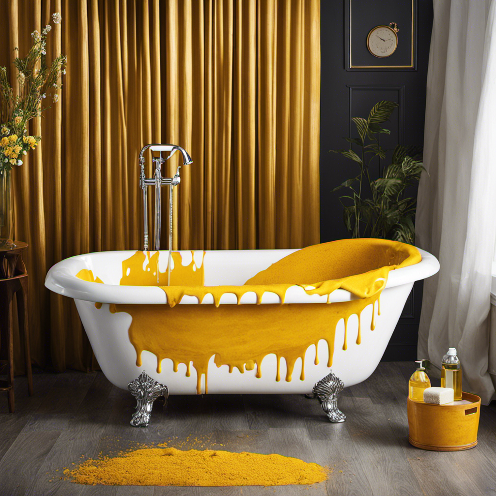 An image showcasing a white bathtub with a vibrant yellow turmeric stain