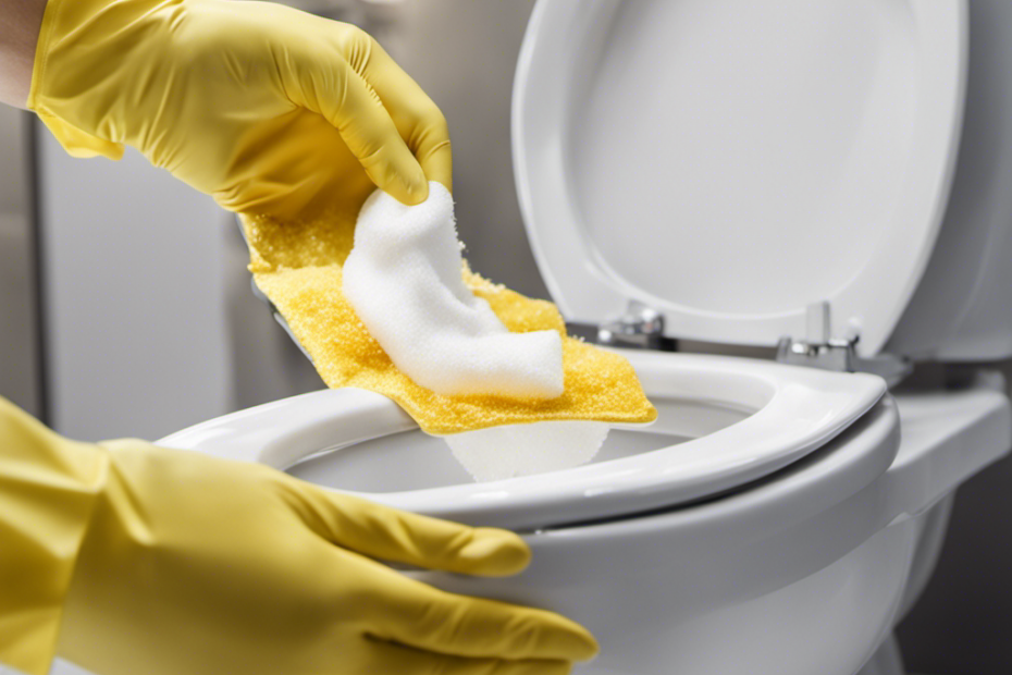 An image showcasing a sparkling white toilet bowl with a close-up view of a hand wearing rubber gloves, gently scrubbing a stubborn yellow stain using a powerful cleaning agent