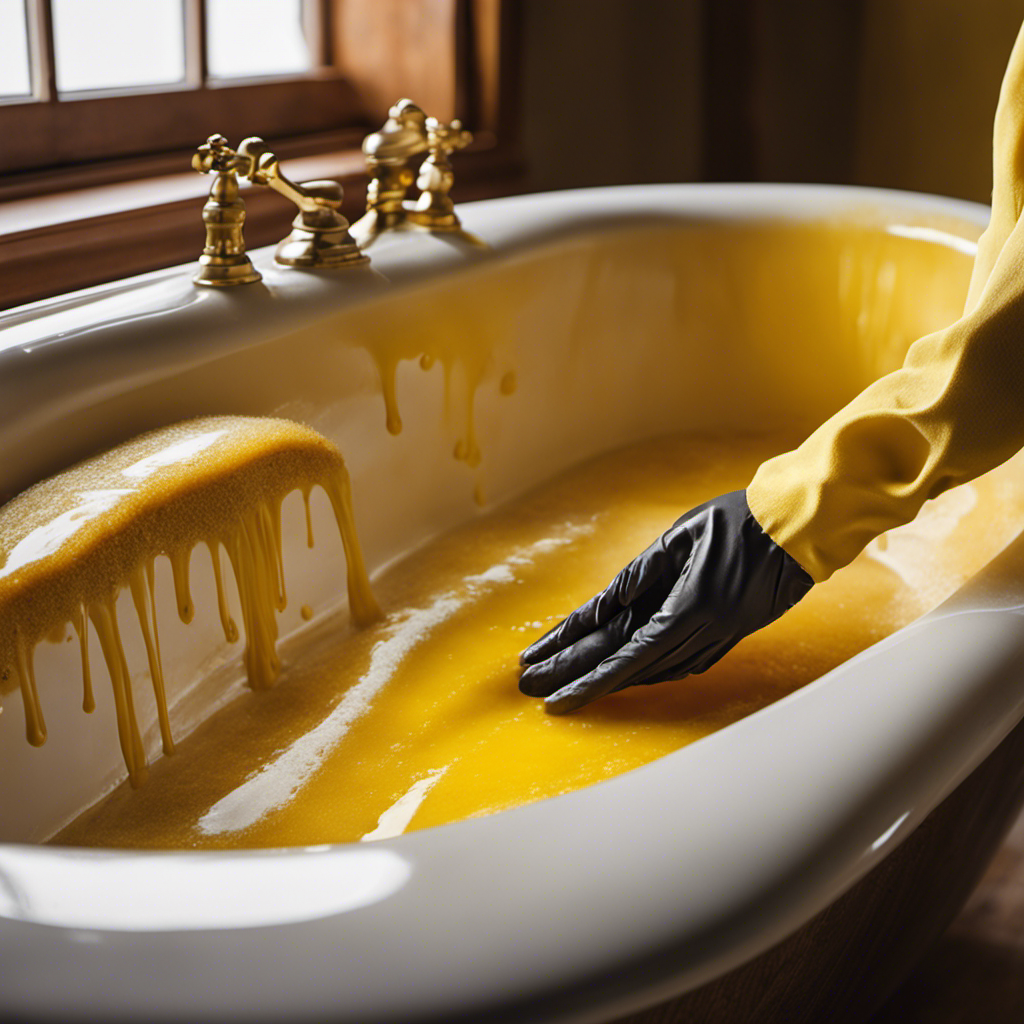 An image showing a close-up of a stained bathtub, with a pair of gloved hands using a scrub brush and a mixture of baking soda and vinegar to vigorously scrub away the yellow stains