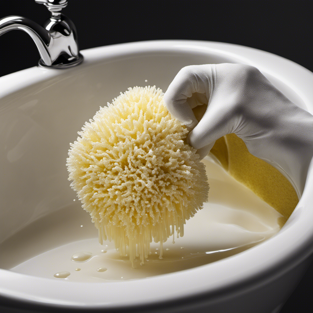 An image displaying a close-up of a sparkling white toilet bowl, devoid of any yellow stains