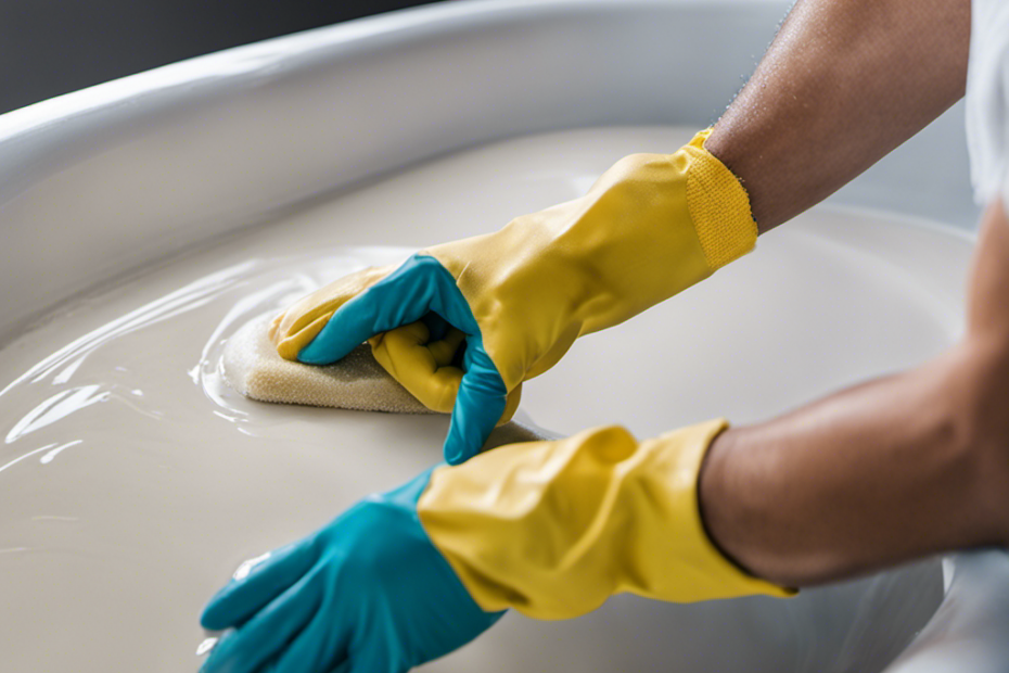 An image capturing the step-by-step process of renewing a bathtub: a person wearing protective gloves and mask, sanding the old surface, applying primer, freshly coated in glossy white paint, and a sparkling clean bathtub