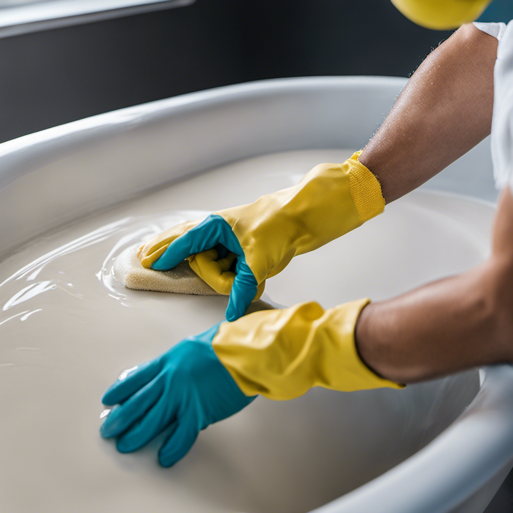 An image capturing the step-by-step process of renewing a bathtub: a person wearing protective gloves and mask, sanding the old surface, applying primer, freshly coated in glossy white paint, and a sparkling clean bathtub