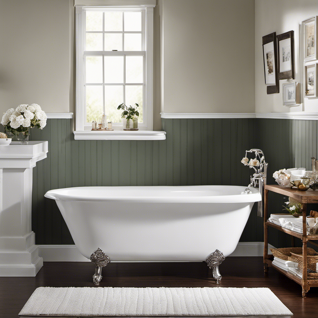An image showcasing the step-by-step process of repainting a bathtub: a worn-out tub covered in a thick layer of primer, followed by a glossy layer of fresh paint, transforming it into a pristine, gleaming centerpiece