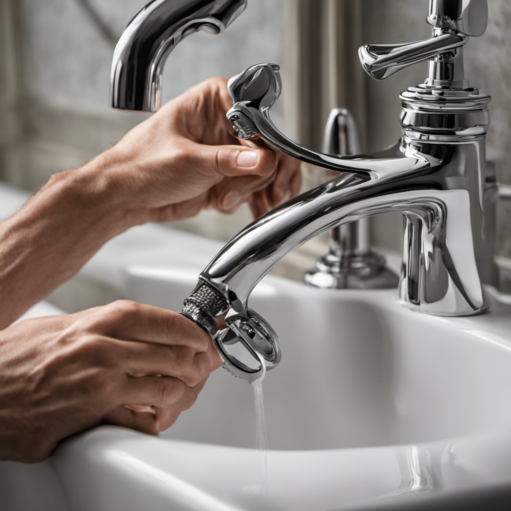 An image showcasing the step-by-step process of repairing a bathtub faucet: a close-up of hands gripping a wrench, turning it with force to loosen the faucet handle, revealing the intricate inner mechanisms