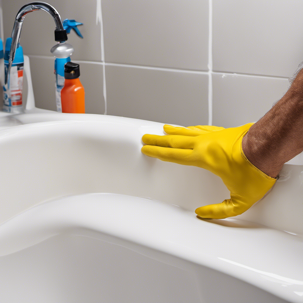 An image showcasing the step-by-step process of repairing a chipped bathtub: a gloved hand gently applying epoxy filler to the chipped area, followed by sanding and smoothing the surface to restore its flawless finish