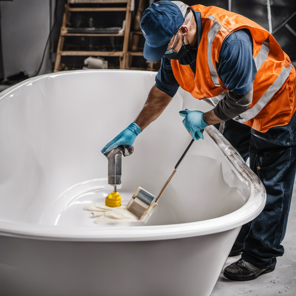 An image showcasing a pair of gloved hands delicately applying epoxy resin to a meticulously sanded and prepped crack on a glossy white fiberglass bathtub, capturing the step-by-step process of repairing the damage