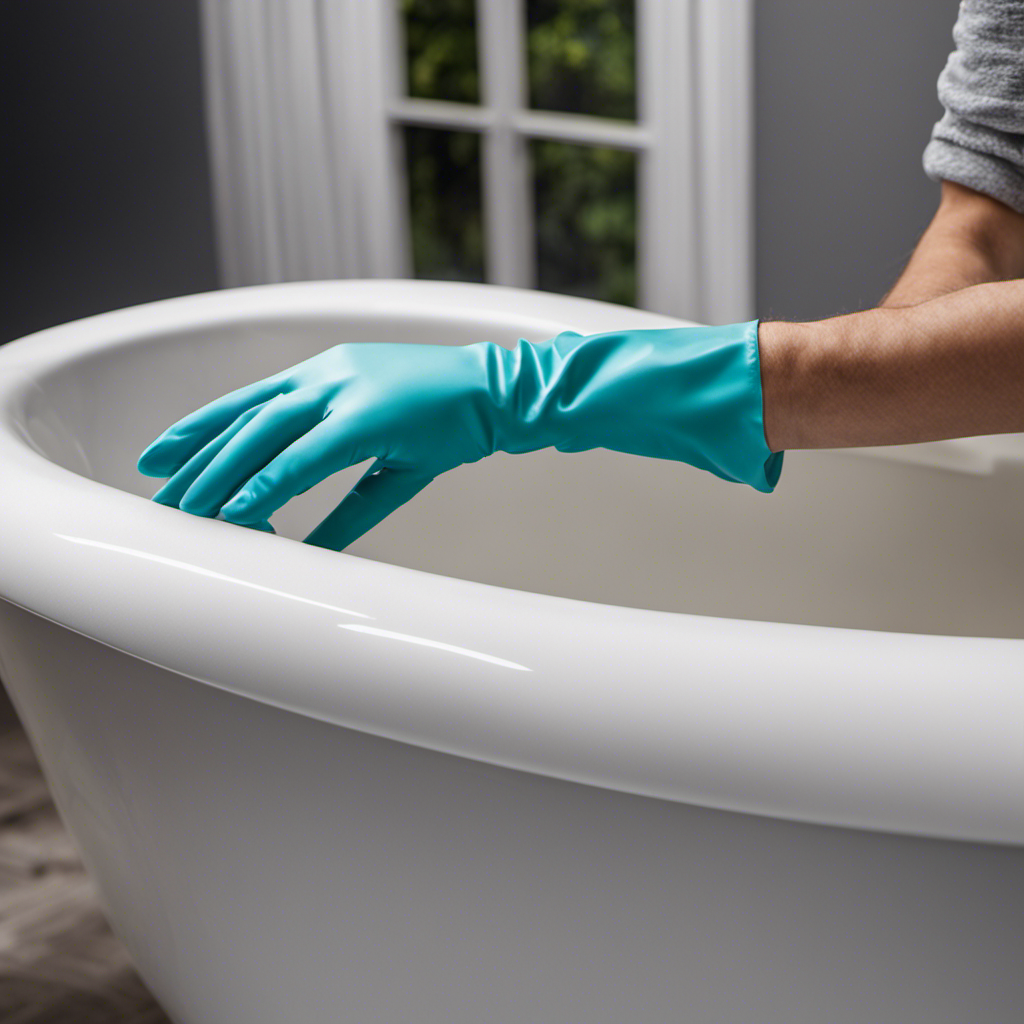 An image showcasing a skilled hand wearing protective gloves, meticulously sanding a damaged fiberglass bathtub, revealing the smooth surface underneath as fine particles of dust float in the air