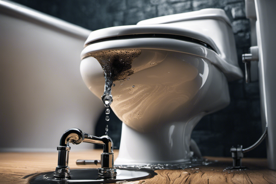 An image capturing a close-up of a wrench turning a valve on a toilet tank, surrounded by droplets of water forming a puddle on the floor, emphasizing the urgency and the process of repairing a leaking toilet