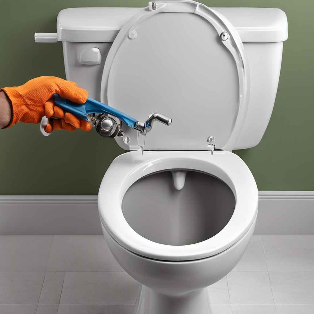 An image showcasing a step-by-step guide to fixing a leaky toilet: An individual wearing gloves uses a wrench to tighten bolts, applies sealant around the base, and replaces the flapper valve
