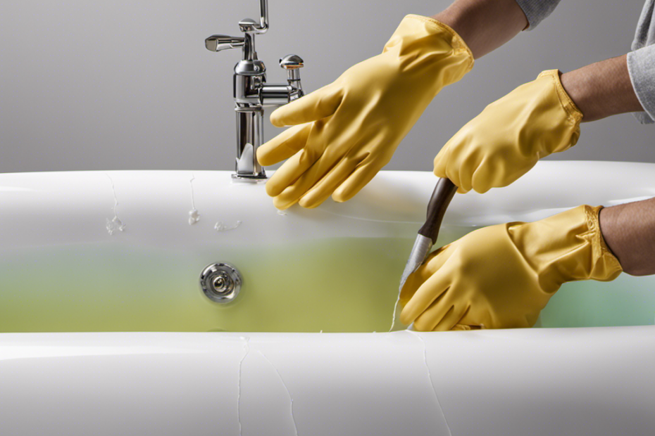 An image showcasing a pair of gloved hands delicately applying epoxy resin along the length of a cracked plastic bathtub